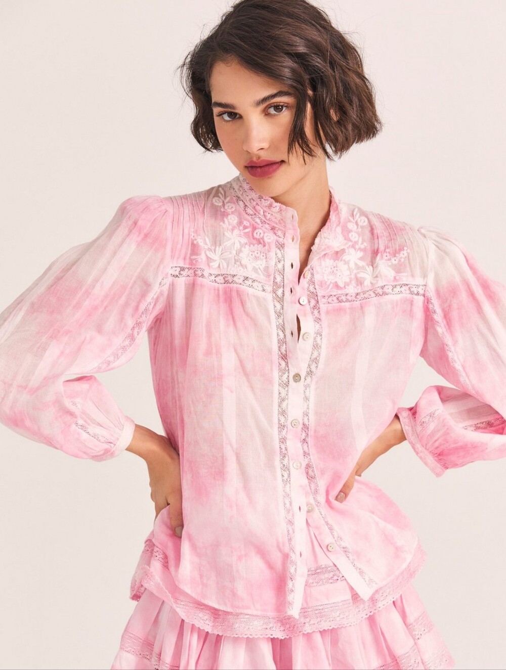 LoveShackFancy Embroidered Ronda Top in Island Pink Hand Dye Size XS